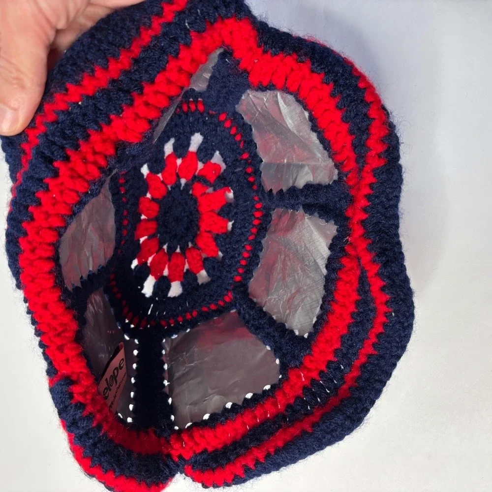 Handmade Crochet Beer Can Red Blue Bucket Hat Cap Jingpin Asian‎ Streetwear